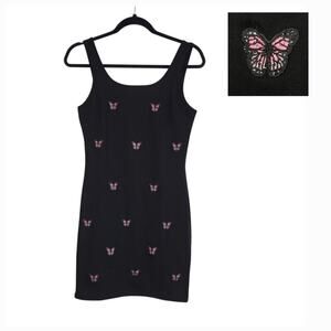 Butterfly Print Sheath Mini Dress M Black Pink Sleeveless Tank 90s Y2K Mean Girl